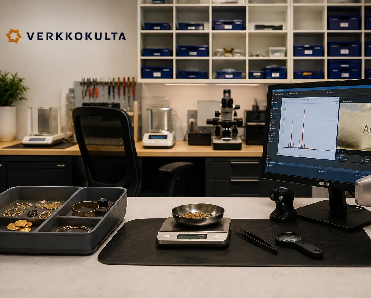 Arviointipöytä Verkkokullan laboratoriossa: kultakoruja tarjottimella, vaaka ja analyysinäyttö